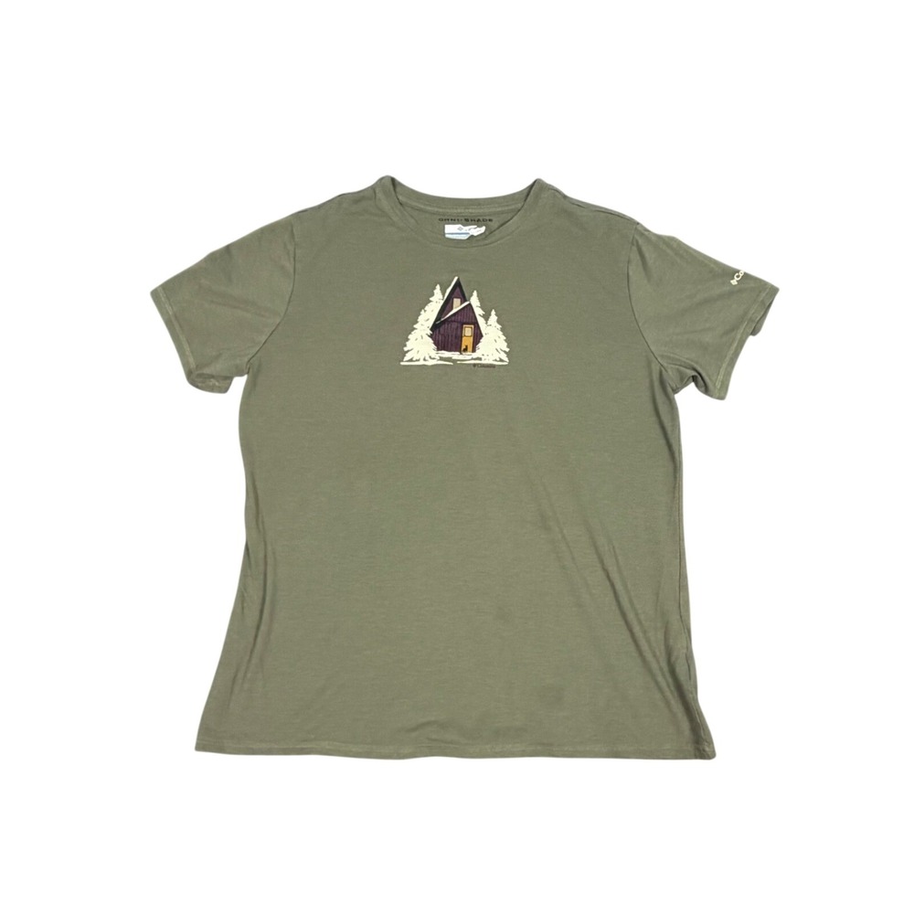 Columbia Mens Omni-Shade T-Shirt Olive Green A-Frame Cabin Graphic Large